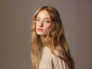 Portrait of young beautiful woman wearing beige knitted sweater